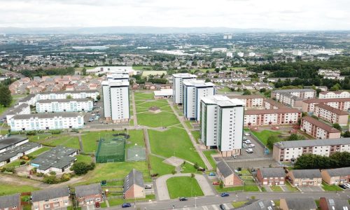 A drone image of a West Whitlawburn Housing Community Development.